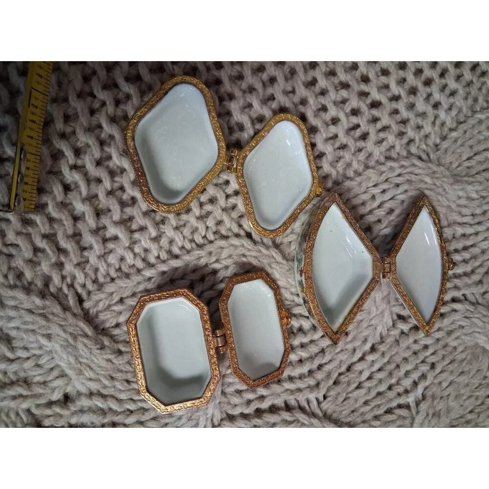 Vintage Floral Porcelain Trinket Box Set Of 3 With Hinged Lids & Gold Accents